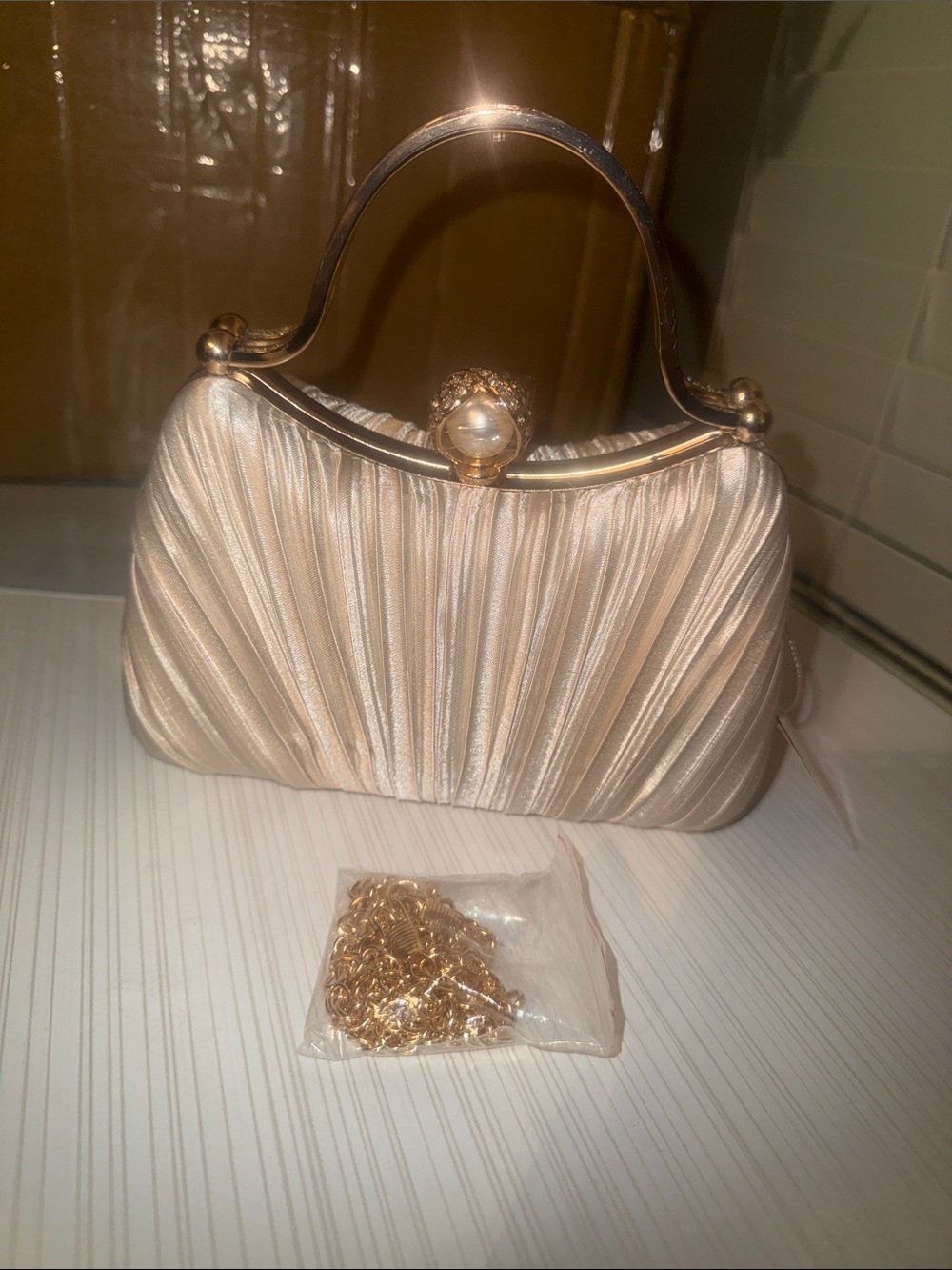 Elegant Pearl-Accent Satin Evening Bag in Champagne